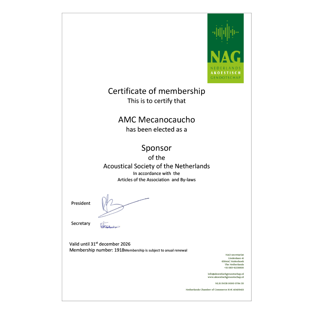 Certificat de parrainage d'AMC Mecanocaucho de l'Acoustical Society of the Netherlands 2026